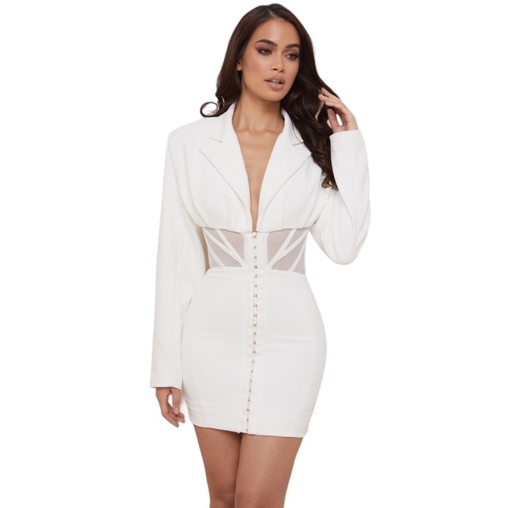 HOUSE OF CB CORSET BLAZER DRESS OFF WHITE L+